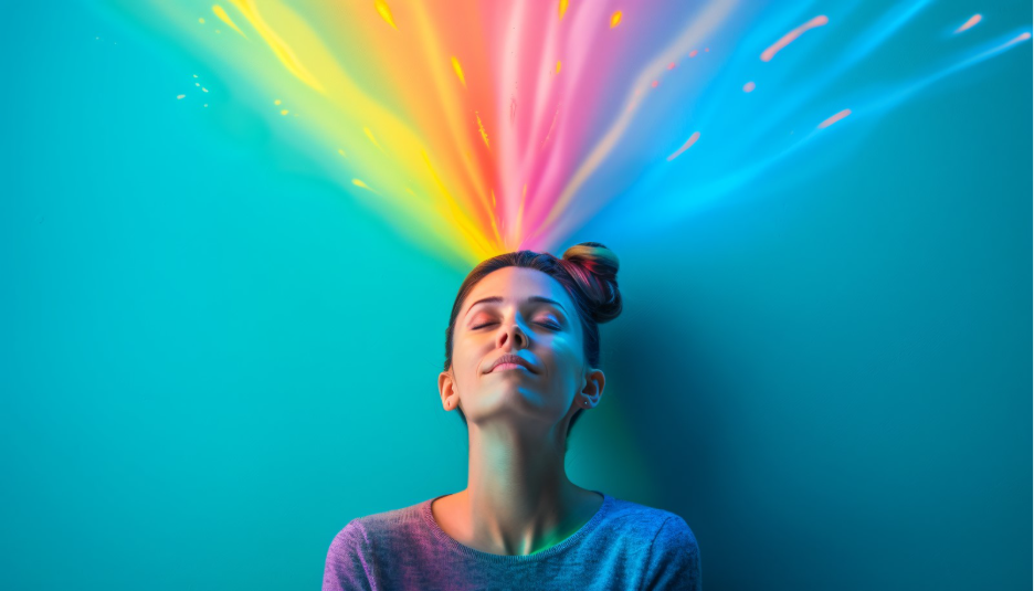 Woman with closed eyes standing against a turquoise background as colorful rainbow light appears above her head, symbolising creative thoughts.